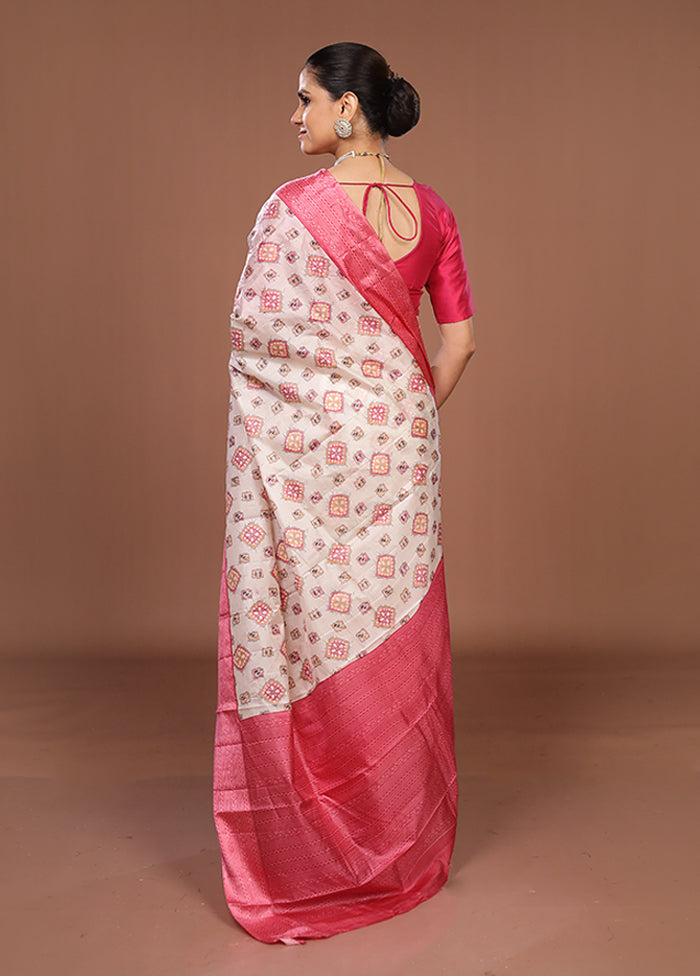 White Printed Pure Silk Saree Without Blouse Piece