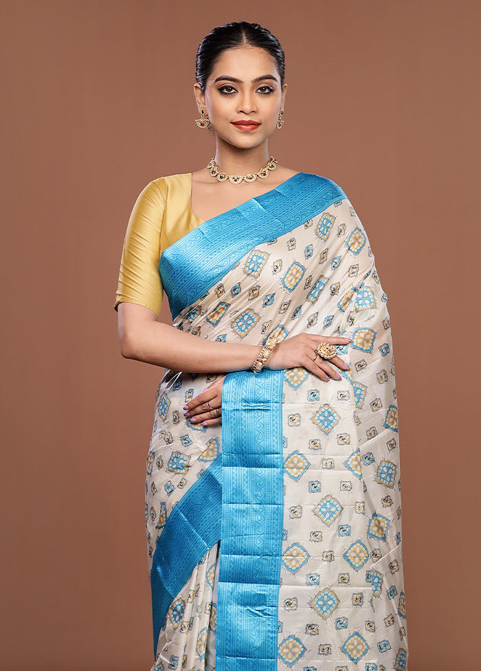 White Printed Pure Silk Saree Without Blouse Piece