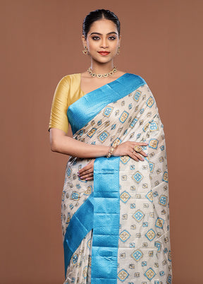White Printed Pure Silk Saree Without Blouse Piece