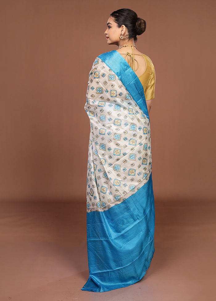 White Printed Pure Silk Saree Without Blouse Piece