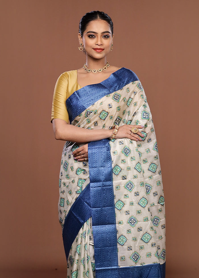 White Printed Pure Silk Saree Without Blouse Piece