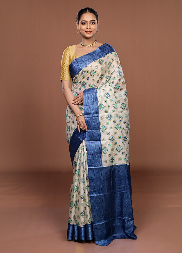 White Printed Pure Silk Saree Without Blouse Piece