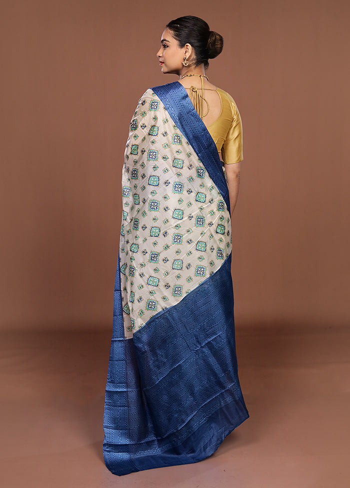 White Printed Pure Silk Saree Without Blouse Piece