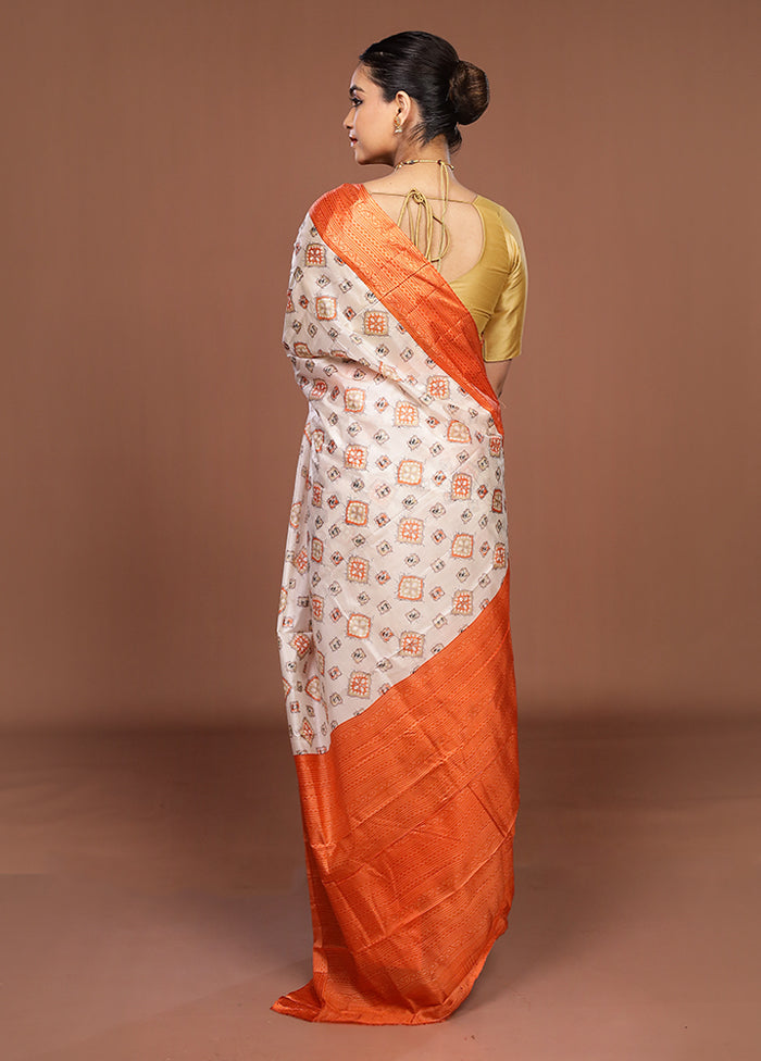 White Printed Pure Silk Saree Without Blouse Piece