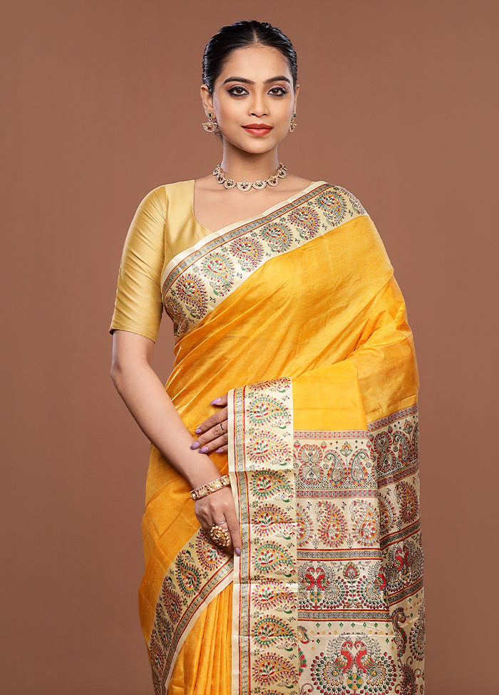 Yellow Printed Pure Silk Saree Without Blouse Piece