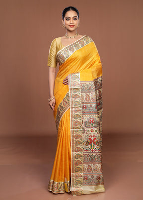 Yellow Printed Pure Silk Saree Without Blouse Piece