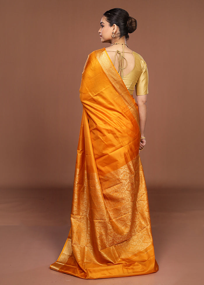 Yellow Printed Pure Silk Saree Without Blouse Piece