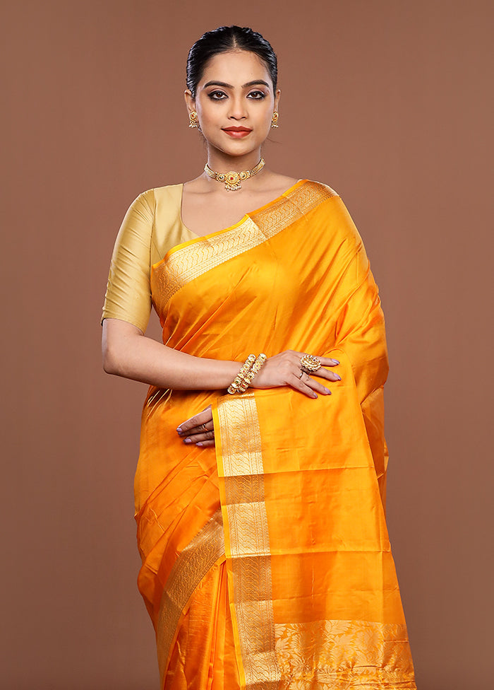 Orange Printed Pure Silk Saree Without Blouse Piece
