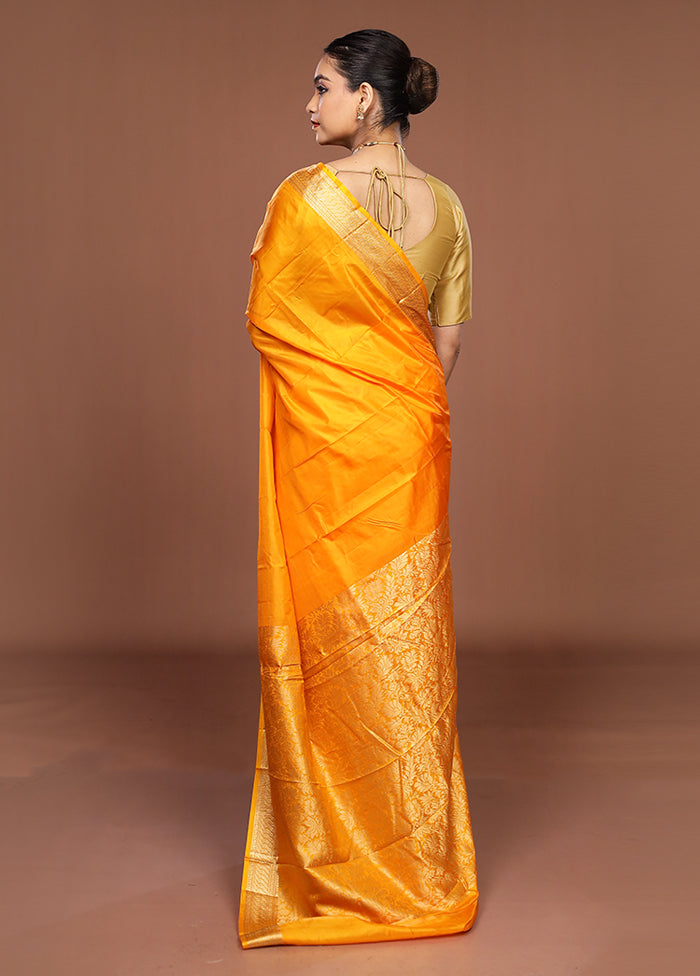 Orange Printed Pure Silk Saree Without Blouse Piece