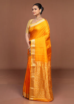 Orange Printed Pure Silk Saree Without Blouse Piece