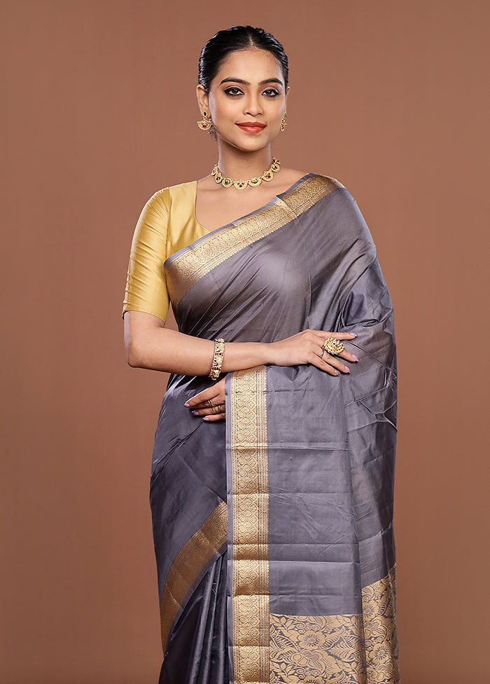Grey Printed Pure Silk Saree Without Blouse Piece