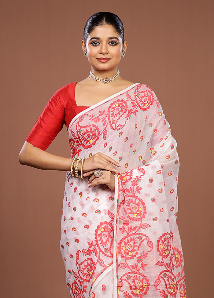 White Jamdani Cotton Saree Without Blouse Piece