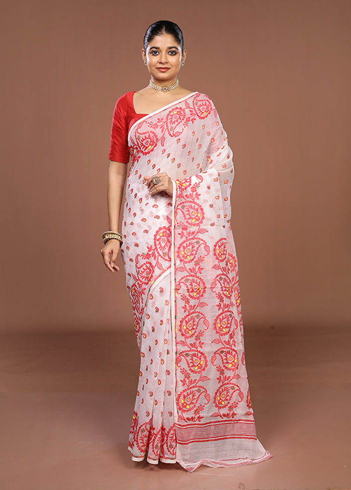 White Jamdani Cotton Saree Without Blouse Piece