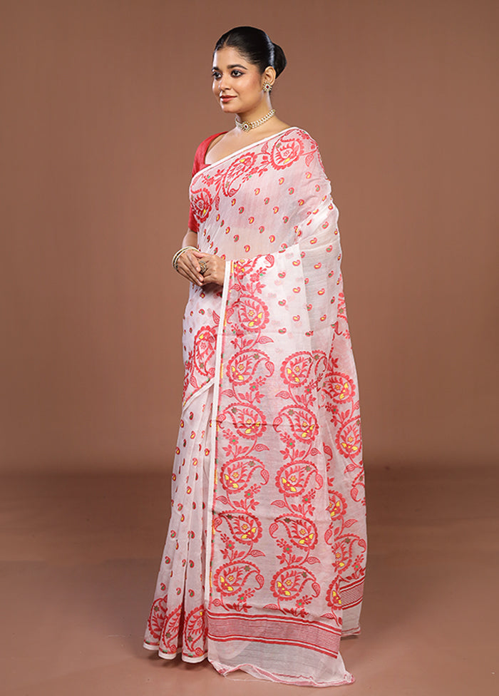 White Jamdani Cotton Saree Without Blouse Piece