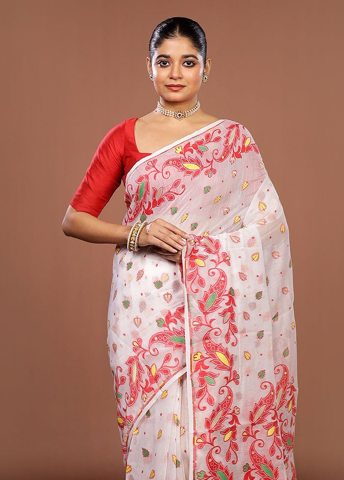 White Jamdani Cotton Saree Without Blouse Piece