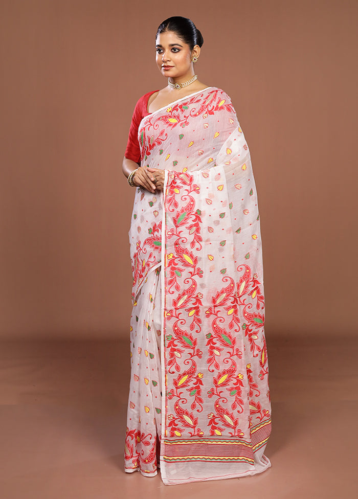 White Jamdani Cotton Saree Without Blouse Piece
