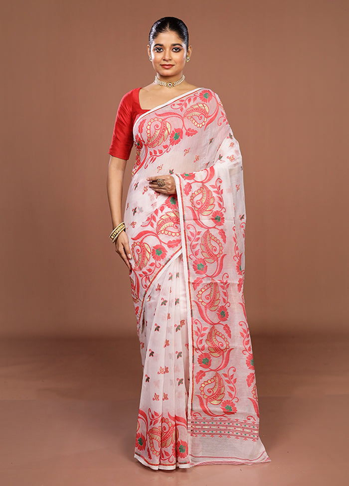 White Jamdani Cotton Saree Without Blouse Piece