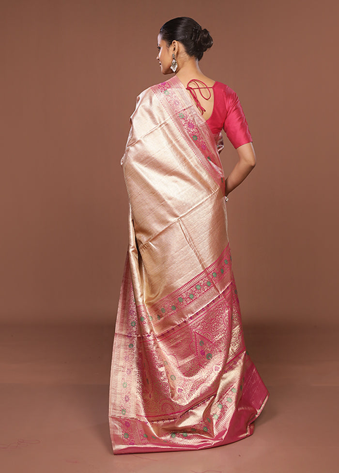 Pink Handloom Kanjivaram Pure Silk Saree With Blouse Piece