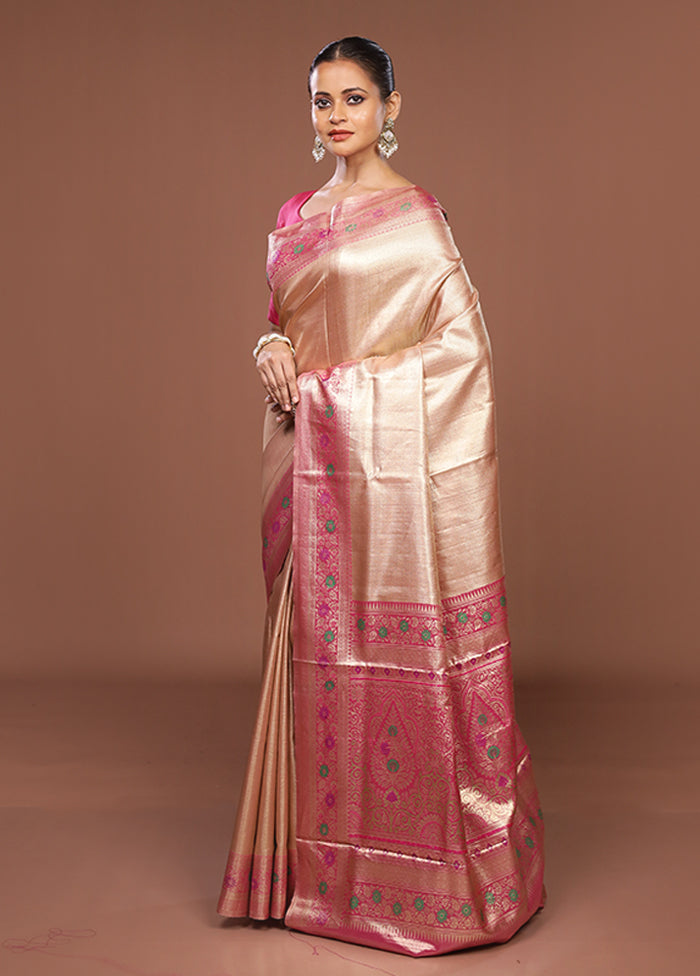 Pink Handloom Kanjivaram Pure Silk Saree With Blouse Piece