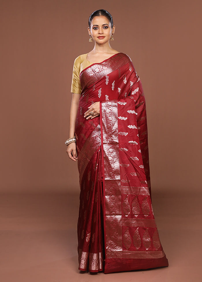 Maroon Kora Silk Saree With Blouse Piece