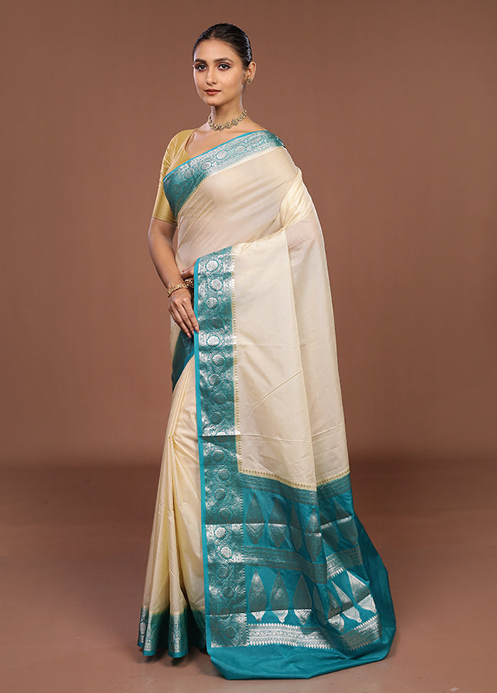 Cream Kora Silk Saree With Blouse Piece