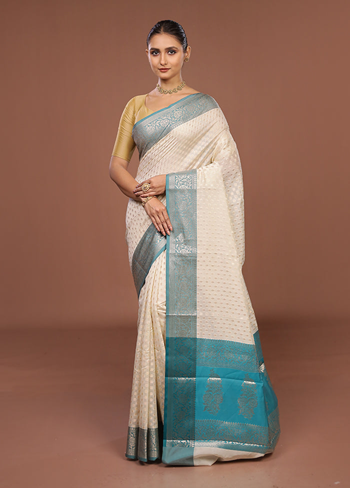 Cream Kora Silk Saree With Blouse Piece