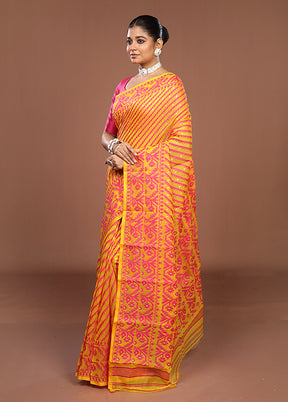 Yellow Jamdani Cotton Saree Without Blouse Piece