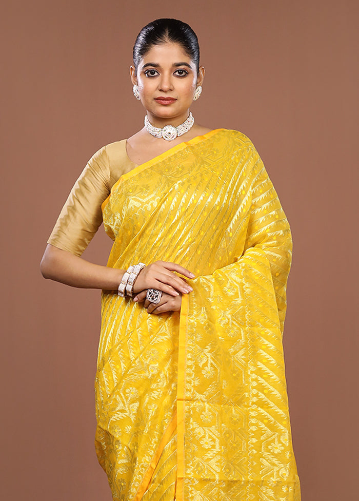 Yellow Jamdani Cotton Saree Without Blouse Piece