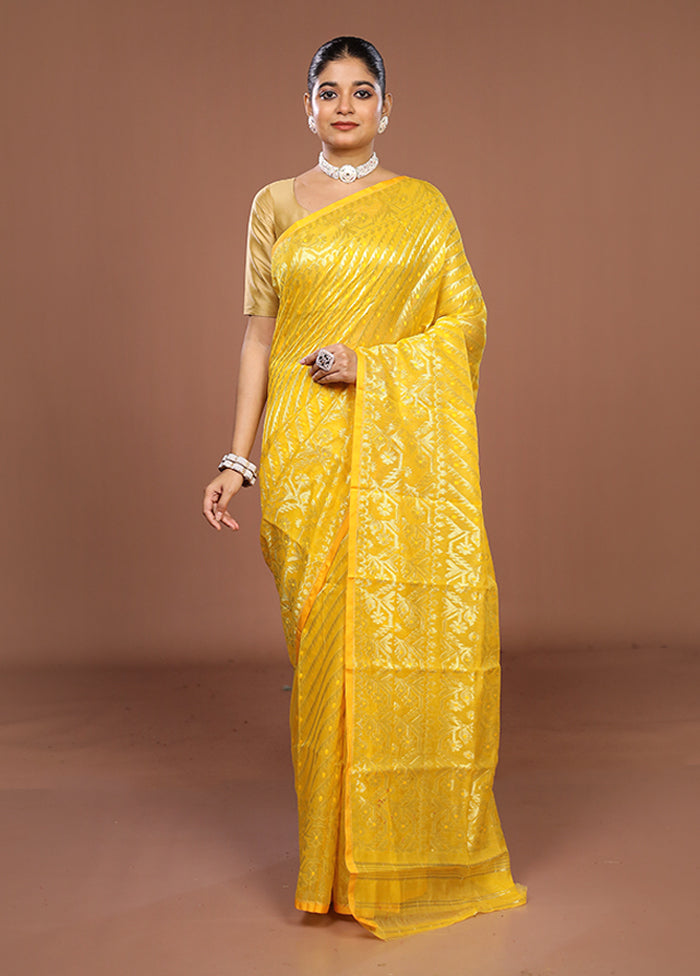 Yellow Jamdani Cotton Saree Without Blouse Piece