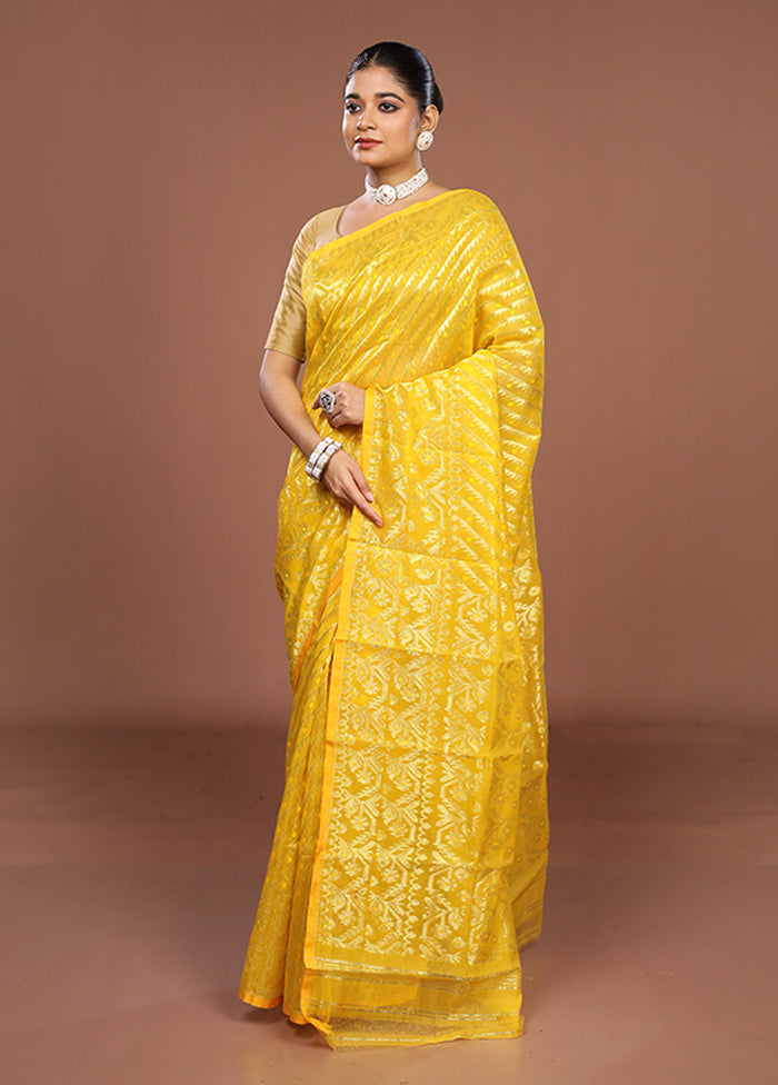 Yellow Jamdani Cotton Saree Without Blouse Piece
