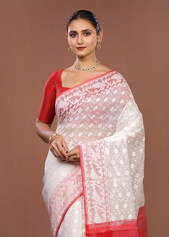 White Jamdani Cotton Saree Without Blouse Piece