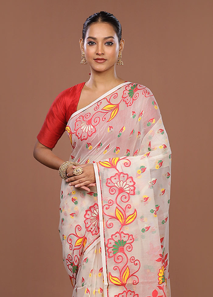 White Jamdani Cotton Saree Without Blouse Piece