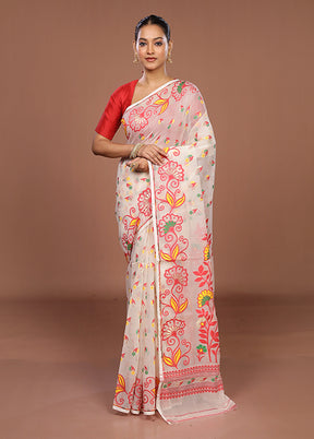 White Jamdani Cotton Saree Without Blouse Piece