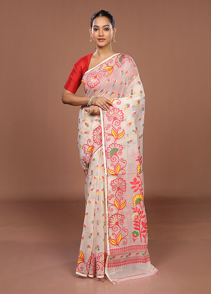 White Jamdani Cotton Saree Without Blouse Piece