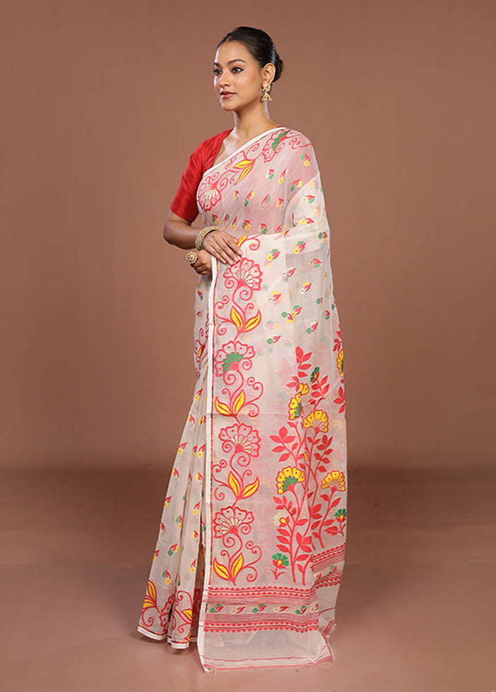 White Jamdani Cotton Saree Without Blouse Piece