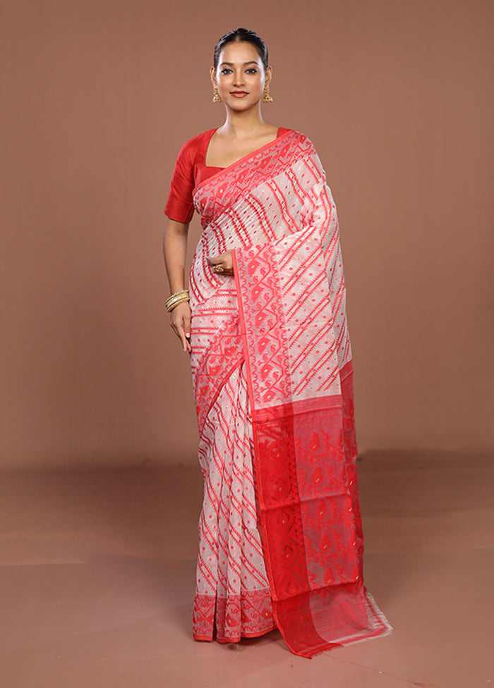 White Jamdani Cotton Saree Without Blouse Piece