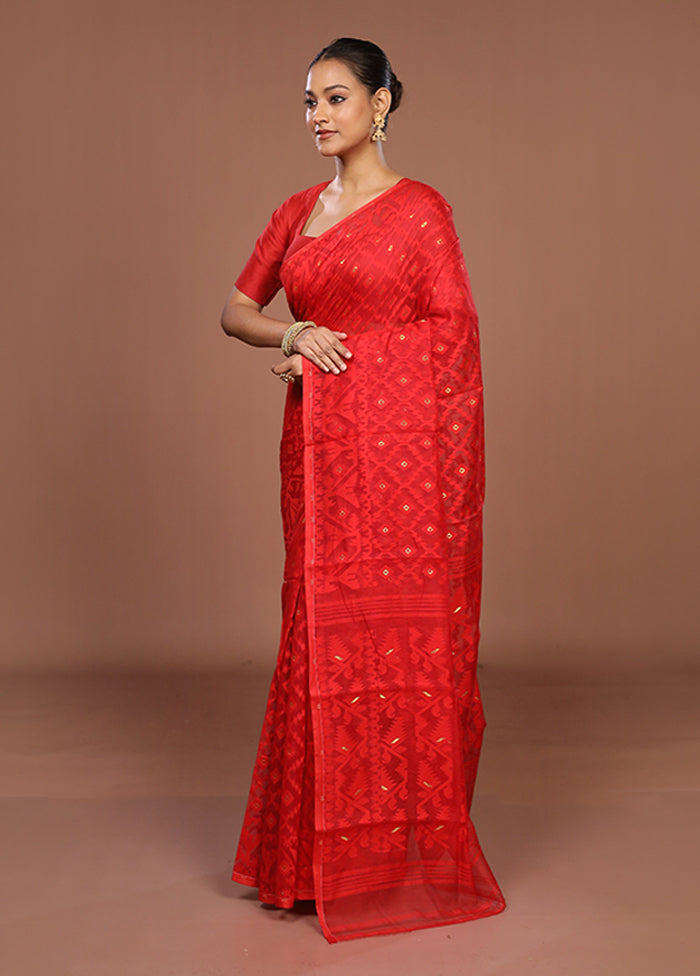 Red Jamdani Cotton Saree Without Blouse Piece
