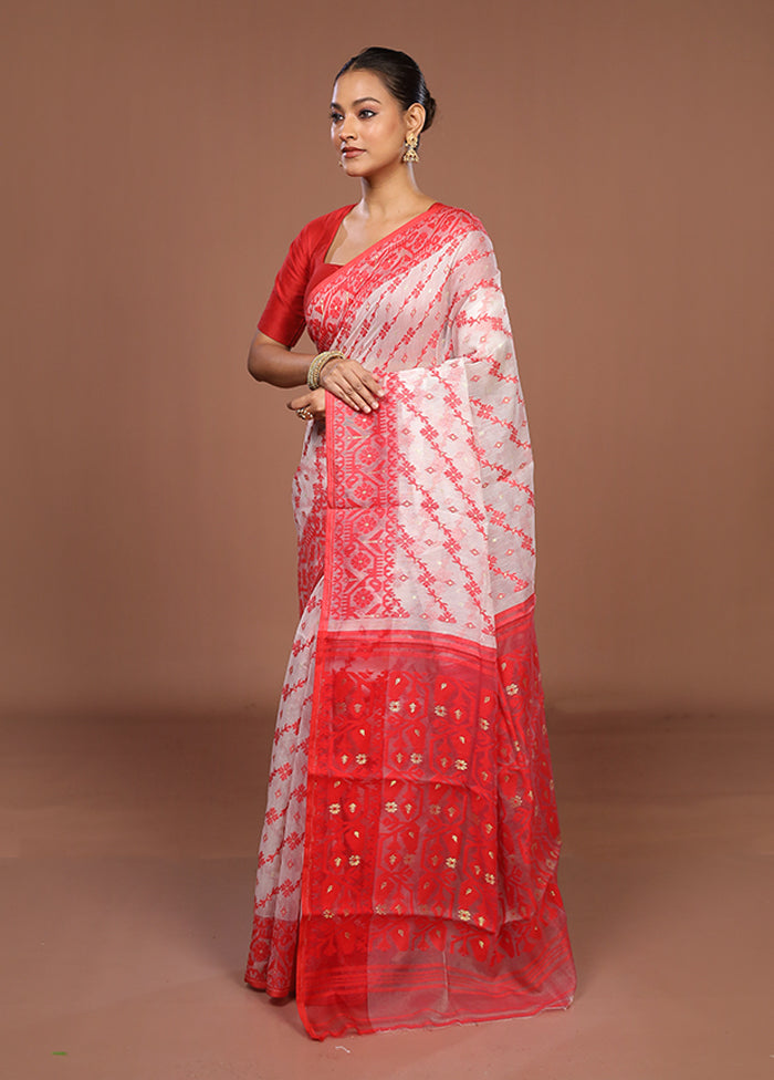 White Jamdani Cotton Saree Without Blouse Piece