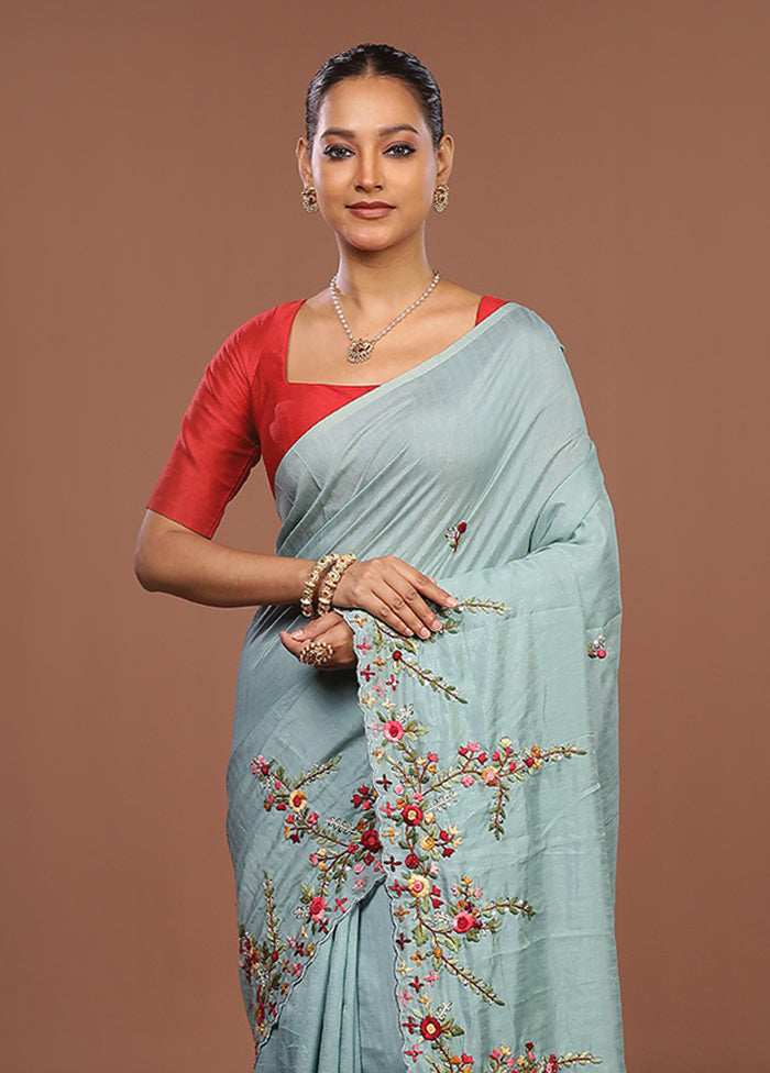 Green Tussar Silk Saree With Blouse Piece