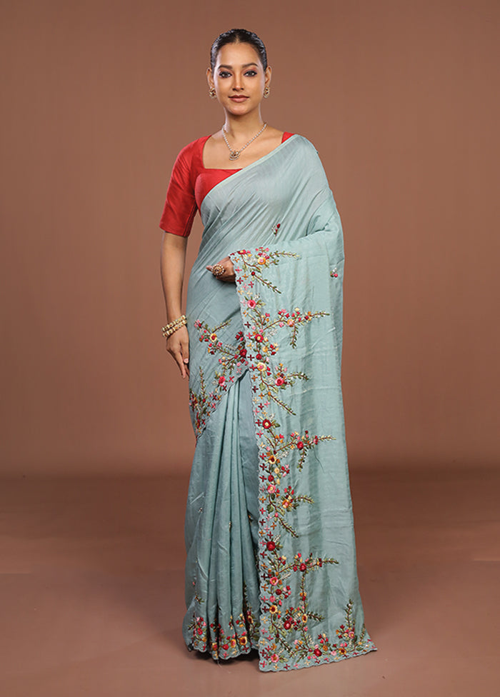 Green Tussar Silk Saree With Blouse Piece