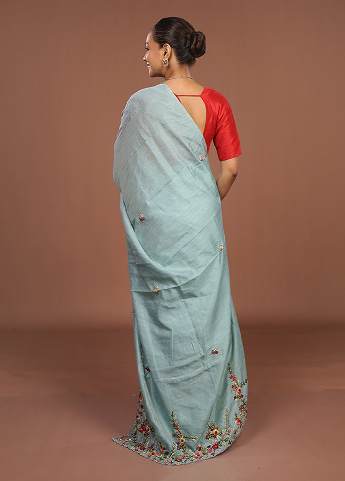 Green Tussar Silk Saree With Blouse Piece