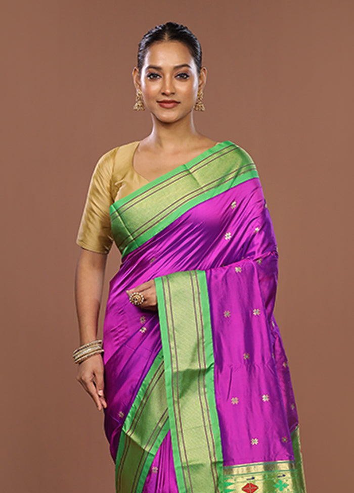 Purple Handloom Kanchipuram Pure Silk Saree With Blouse Piece