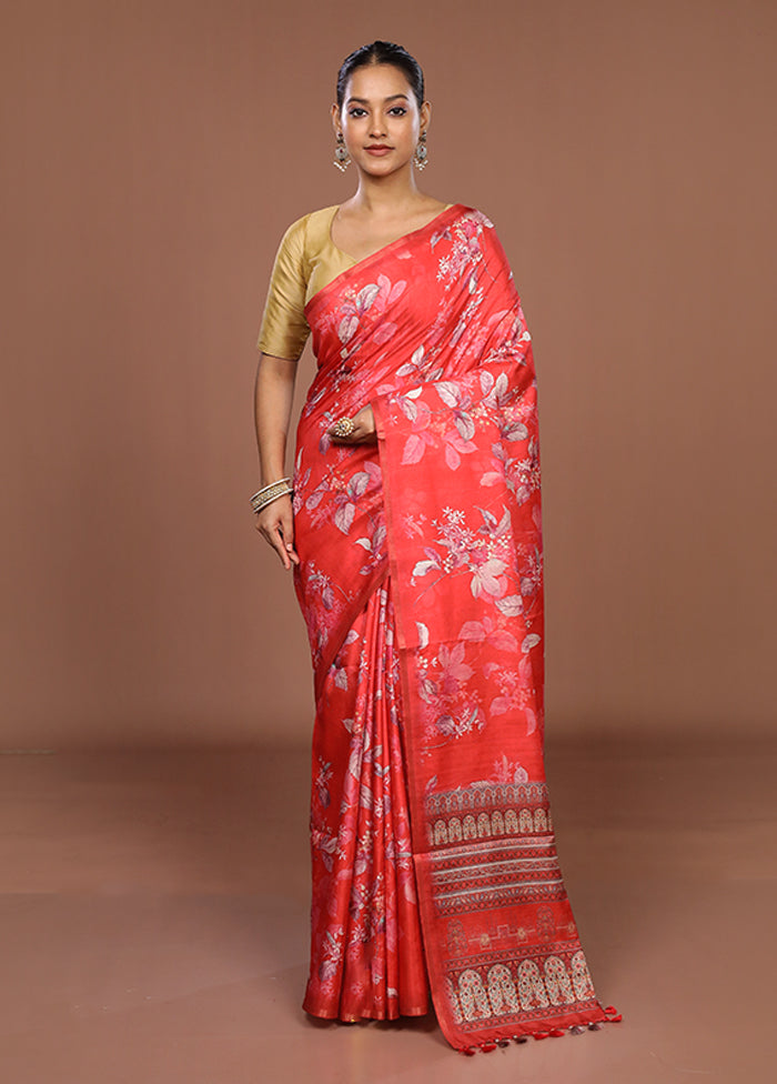 Red Tussar Silk Saree With Blouse Piece