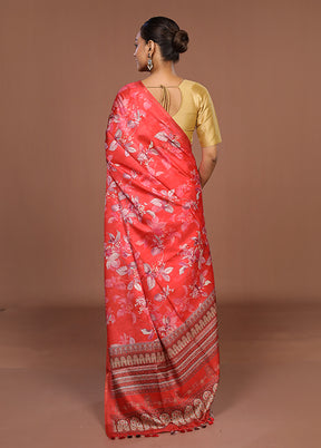 Red Tussar Silk Saree With Blouse Piece