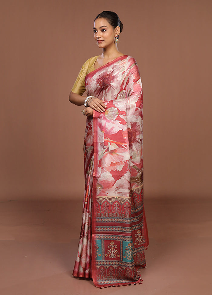 Red Tussar Silk Saree With Blouse Piece