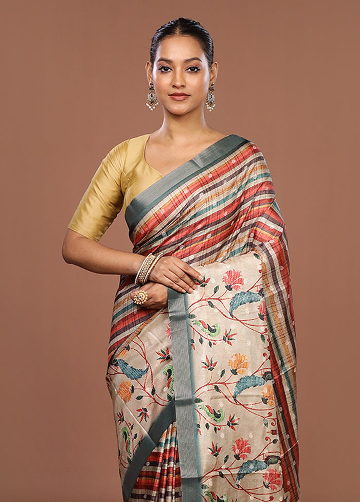 Multicolor Tussar Silk Saree With Blouse Piece