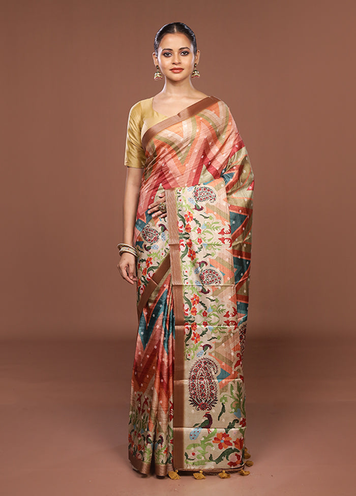 Multicolor Tussar Silk Saree With Blouse Piece