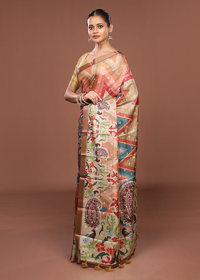 Multicolor Tussar Silk Saree With Blouse Piece
