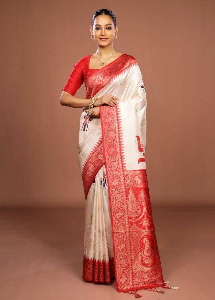 Red & White Dupion Silk Saree With Blouse Piece