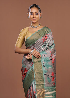Grey Handloom Tussar Pure Silk Saree With Blouse Piece